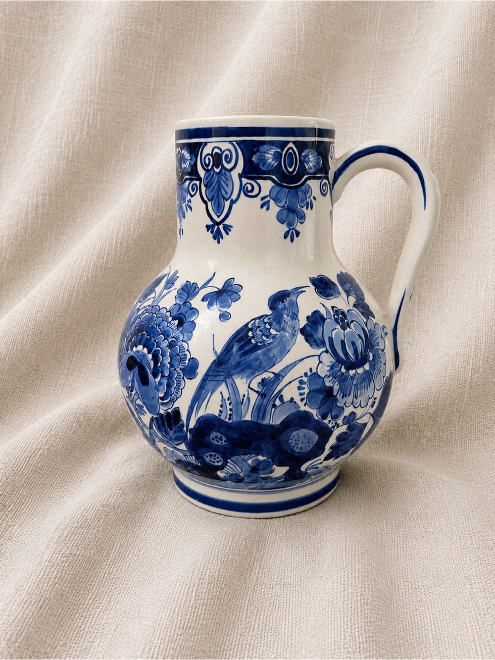 Vintage Dutch Delft Blue White Pitcher Hand Painted Bird Floral Three Bells Mark